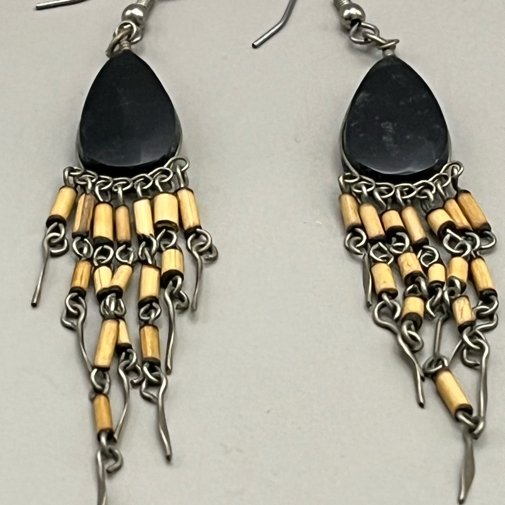 Wood and Black Teardrop Fringe Earrings -For the Bohemian
